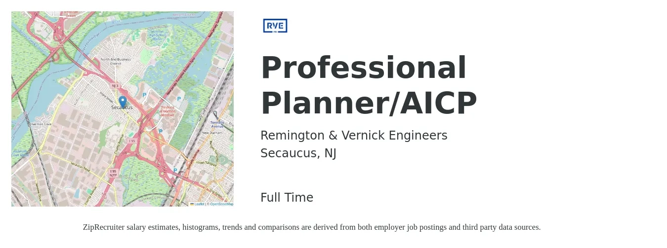 Remington & Vernick Engineers job posting for a Professional Planner/AICP in Secaucus, NJ with a salary of $54,800 to $82,200 Yearly with a map of Secaucus location.