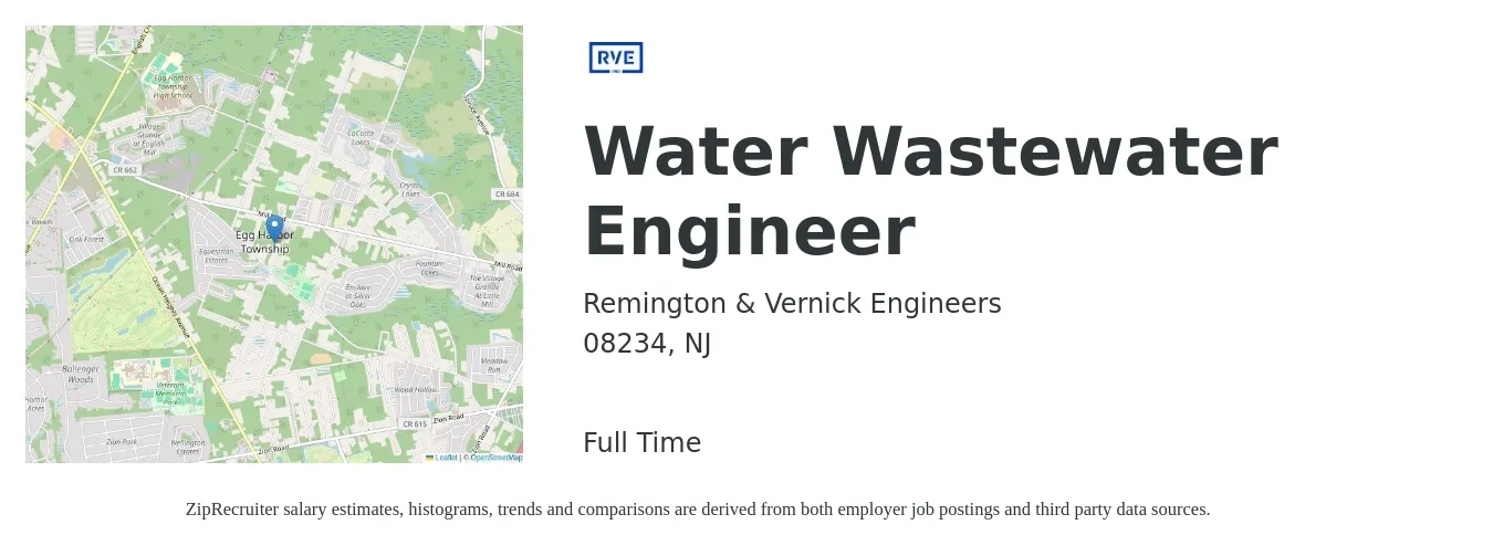 Remington & Vernick Engineers job posting for a Water Wastewater Engineer in 08234, NJ with a salary of $74,700 to $121,400 Yearly with a map of 08234 location.