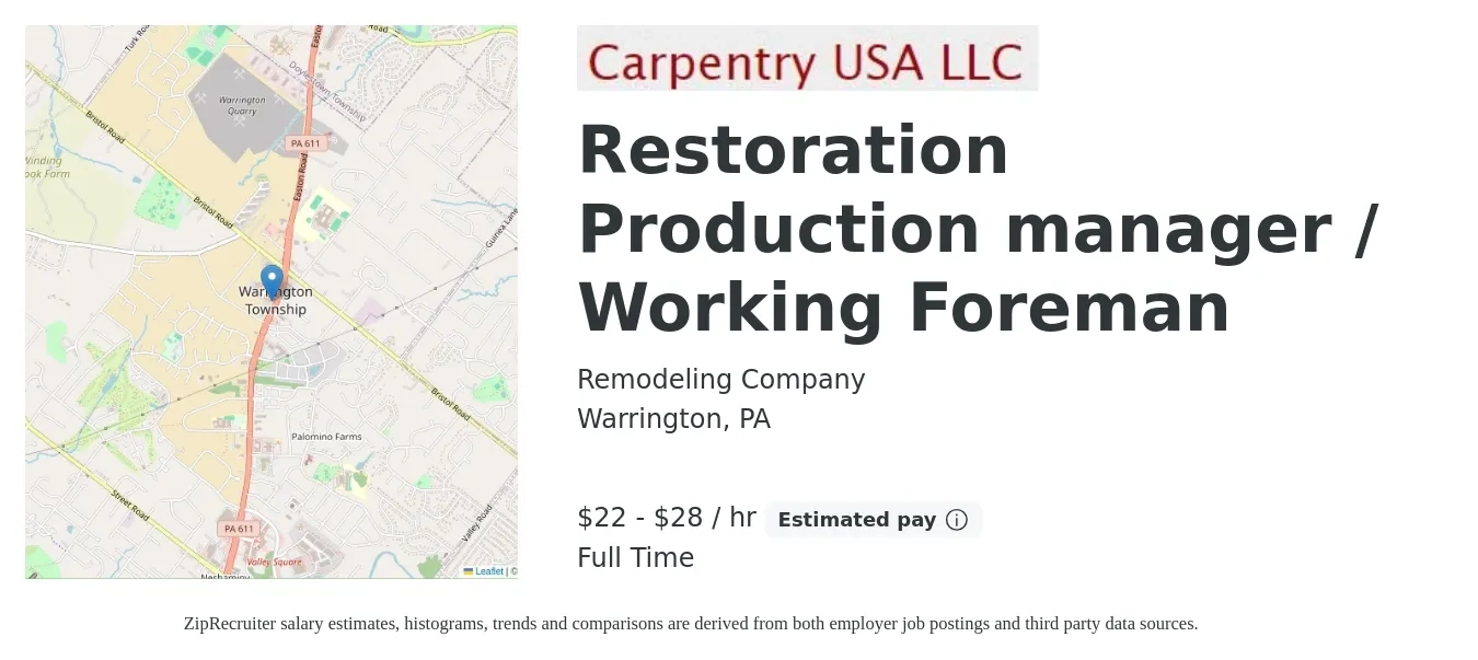 Remodeling Company job posting for a Restoration Production manager / Working Foreman in Warrington, PA with a salary of $23 to $30 Hourly (plus commission) with a map of Warrington location.