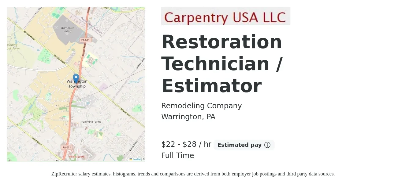 Remodeling Company job posting for a Restoration Technician / Estimator in Warrington, PA with a salary of $23 to $30 Hourly (plus commission) with a map of Warrington location.