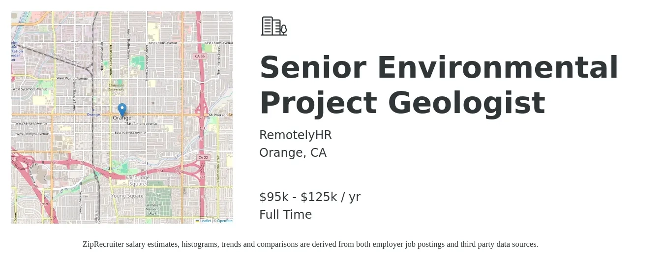 RemotelyHR job posting for a Senior Environmental Project Geologist in Orange, CA with a salary of $95,000 to $125,000 Yearly with a map of Orange location.