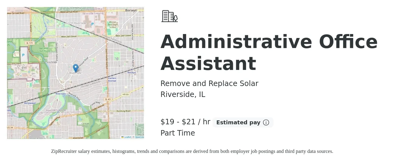 Remove and Replace Solar job posting for a Administrative Office Assistant in Riverside, IL with a salary of $20 to $22 Hourly with a map of Riverside location.