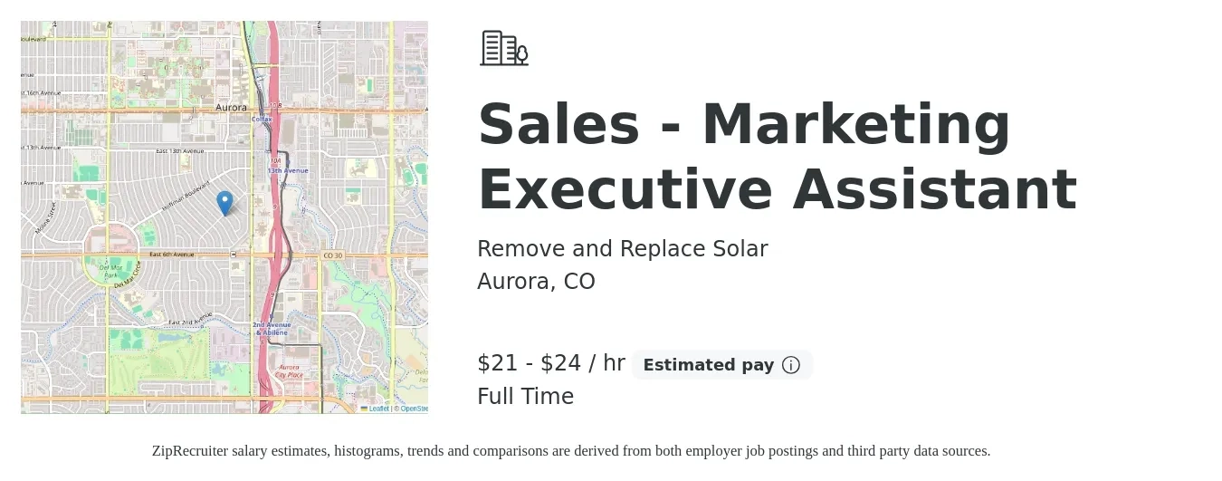 Remove and Replace Solar job posting for a Sales - Marketing Executive Assistant in Aurora, CO with a salary of $22 to $25 Hourly with a map of Aurora location.