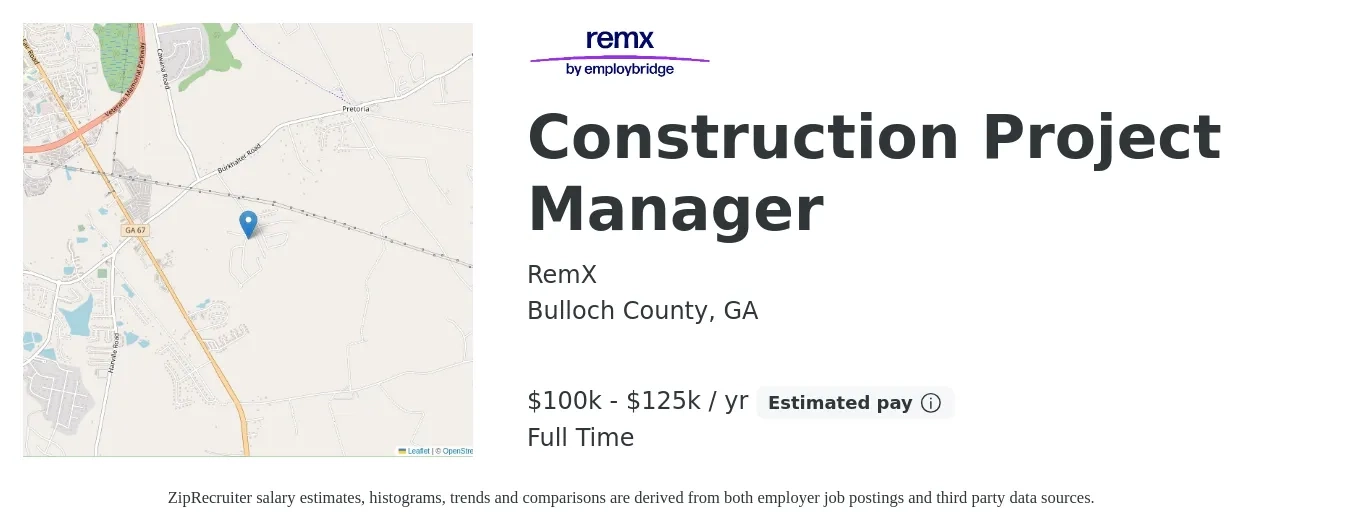 RemX job posting for a Construction Project Manager in Bulloch County, GA with a salary of $85,000 to $90,000 Yearly (plus commission) with a map of Bulloch County location.