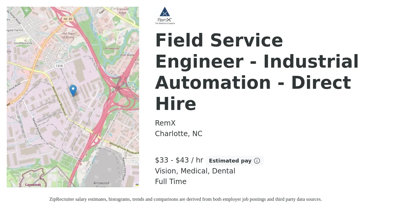 RemX job posting for a Field Service Engineer - Industrial Automation - Direct Hire in Charlotte, NC with a salary of $35 to $45 Hourly and benefits including dental, life_insurance, medical, retirement, and vision with a map of Charlotte location.