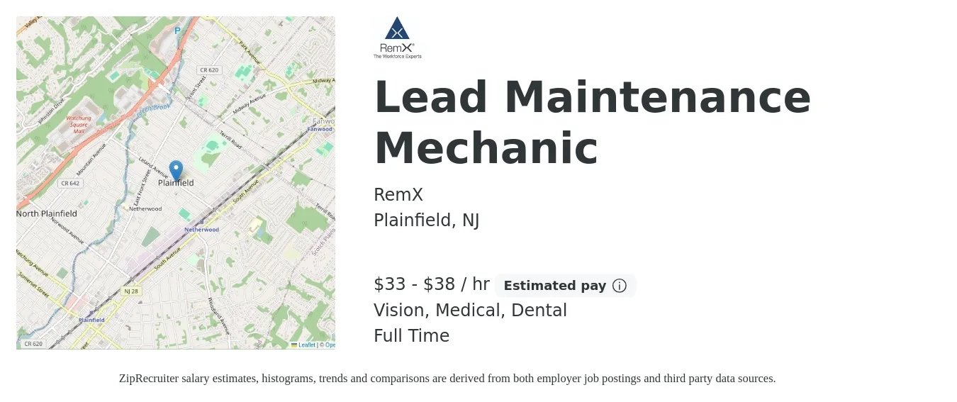 RemX job posting for a Lead Maintenance Mechanic in Plainfield, NJ with a salary of $35 to $40 Hourly and benefits including medical, pto, retirement, vision, dental, and life_insurance with a map of Plainfield location.