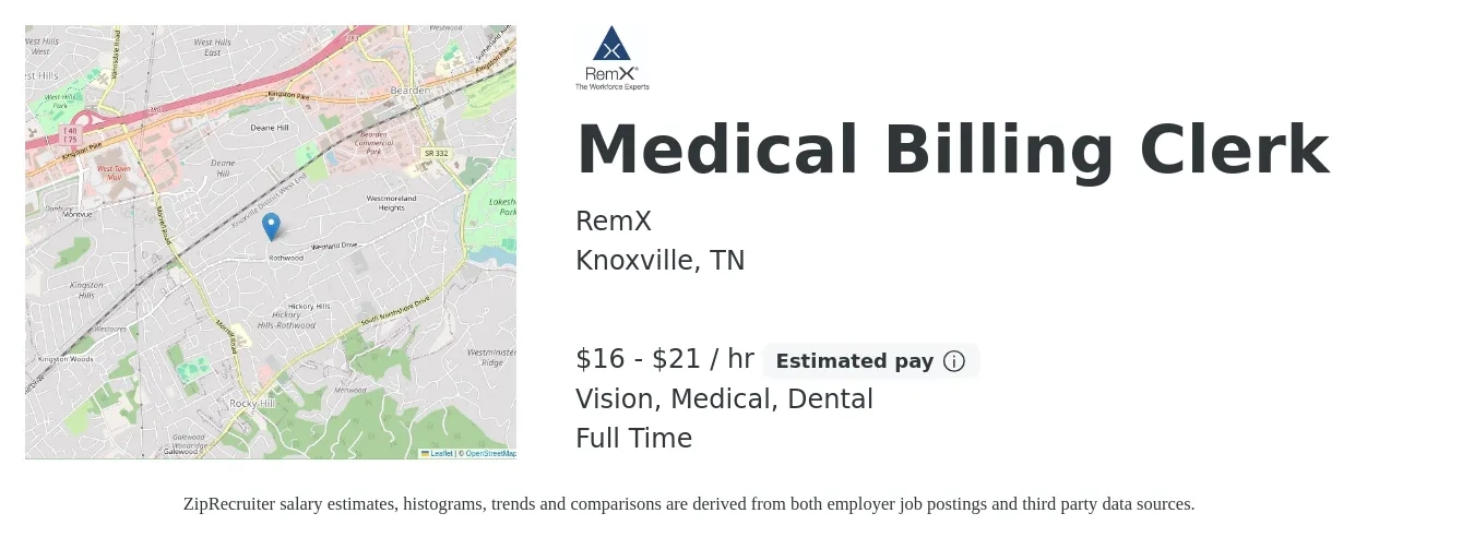 RemX job posting for a Medical Billing Clerk in Knoxville, TN with a salary of $17 to $22 Hourly and benefits including pto, retirement, vision, dental, life_insurance, and medical with a map of Knoxville location.