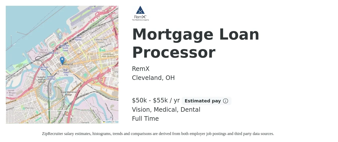 RemX job posting for a Mortgage Loan Processor in Cleveland, OH with a salary of $50,000 to $55,000 Yearly and benefits including dental, life_insurance, medical, and vision with a map of Cleveland location.