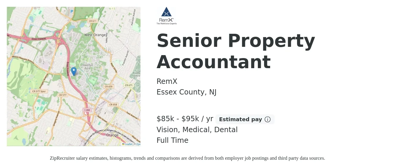 RemX job posting for a Senior Property Accountant in Essex County, NJ with a salary of $85,000 to $95,000 Yearly and benefits including dental, medical, and vision with a map of Essex County location.