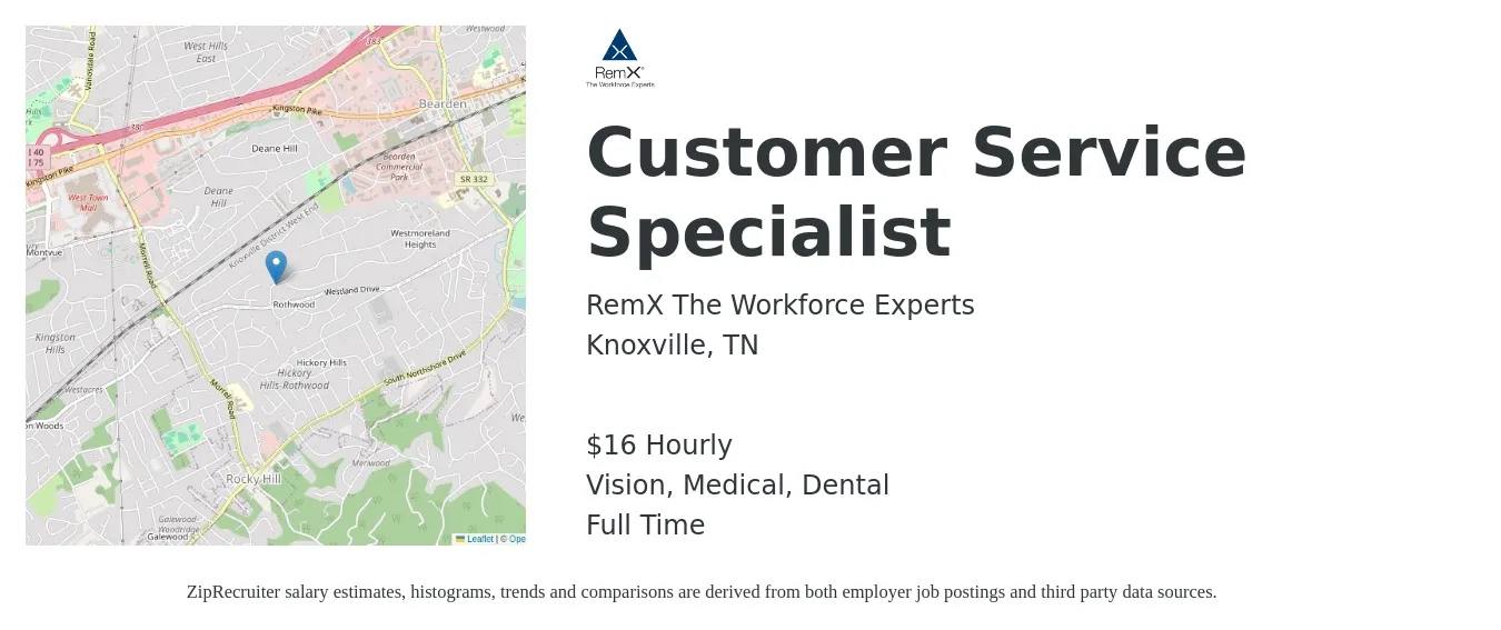 RemX The Workforce Experts job posting for a Customer Service Specialist in Knoxville, TN with a salary of $17 Hourly and benefits including medical, vision, and dental with a map of Knoxville location.
