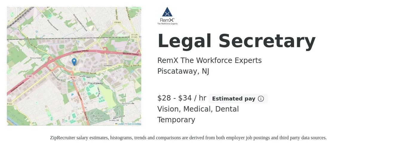 RemX The Workforce Experts job posting for a Legal Secretary in Piscataway, NJ with a salary of $30 to $36 Hourly and benefits including dental, life_insurance, medical, pto, retirement, and vision with a map of Piscataway location.