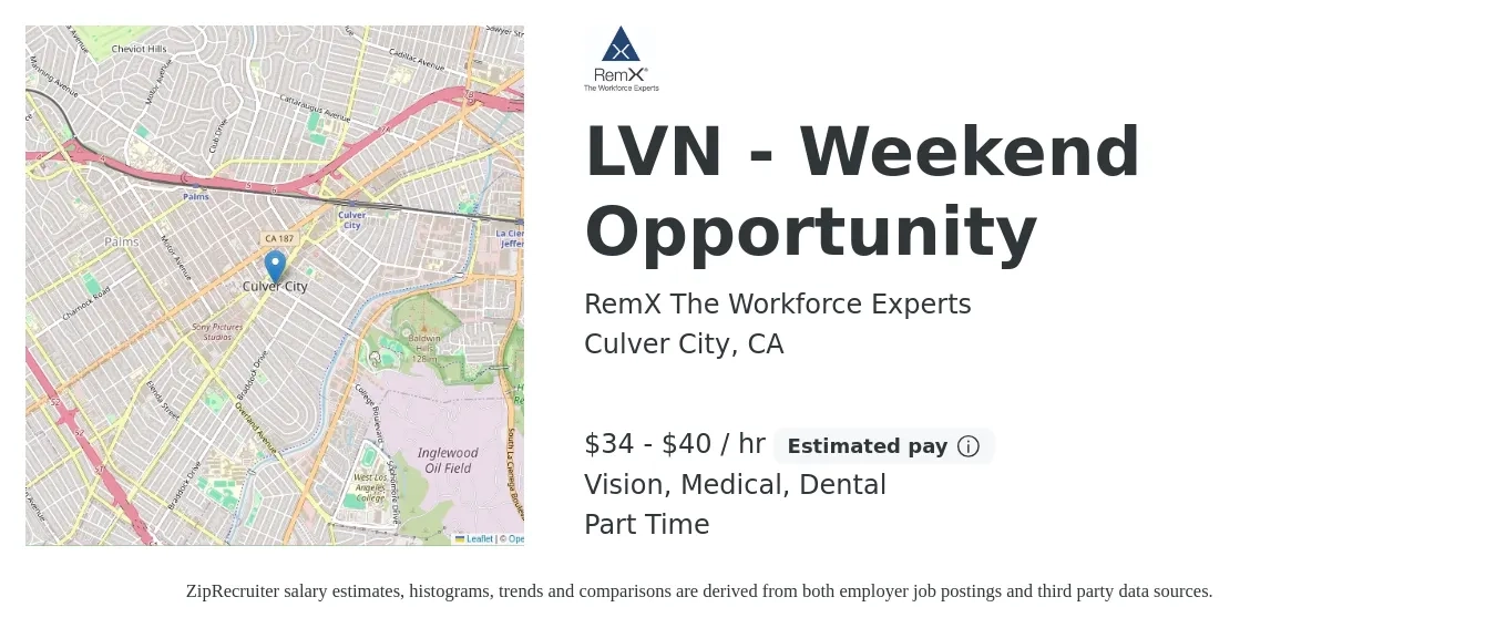 RemX The Workforce Experts job posting for a LVN - Weekend Opportunity in Culver City, CA with a salary of $36 to $42 Hourly and benefits including vision, dental, and medical with a map of Culver City location.