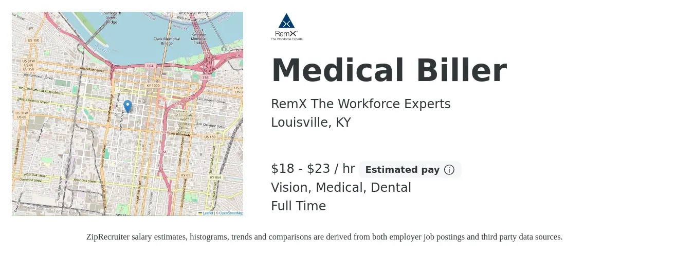 RemX The Workforce Experts job posting for a Medical Biller in Louisville, KY with a salary of $19 to $24 Hourly and benefits including vision, dental, and medical with a map of Louisville location.