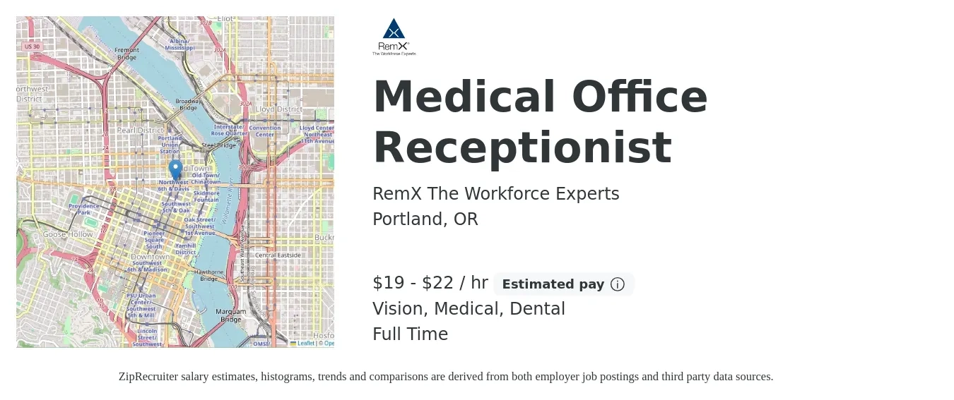 RemX The Workforce Experts job posting for a Medical Office Receptionist in Portland, OR with a salary of $20 to $23 Hourly and benefits including medical, vision, and dental with a map of Portland location.