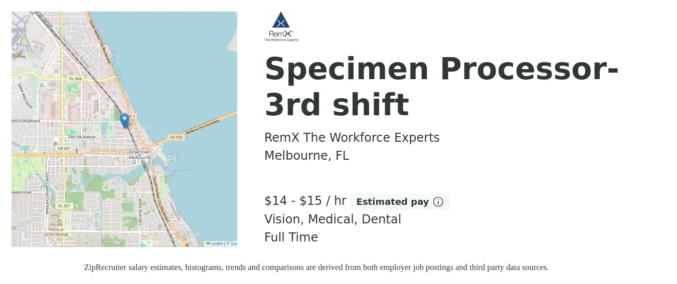 RemX job posting for a Specimen Processor-3rd shift in Melbourne, FL with a salary of $15 to $16 Hourly and benefits including vision, dental, and medical with a map of Melbourne location.
