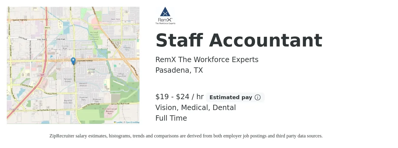 RemX The Workforce Experts job posting for a Staff Accountant in Pasadena, TX with a salary of $20 to $25 Hourly and benefits including vision, dental, and medical with a map of Pasadena location.