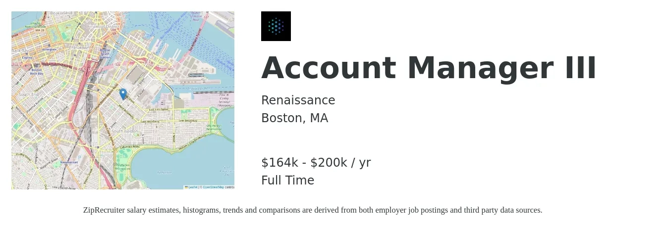 Renaissance job posting for a Account Manager III in Boston, MA with a salary of $164,000 to $200,000 Yearly with a map of Boston location.