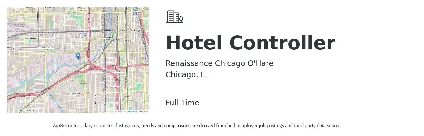 Renaissance Chicago O'Hare job posting for a Hotel Controller in Chicago, IL with a salary of $72,100 to $113,800 Yearly with a map of Chicago location.