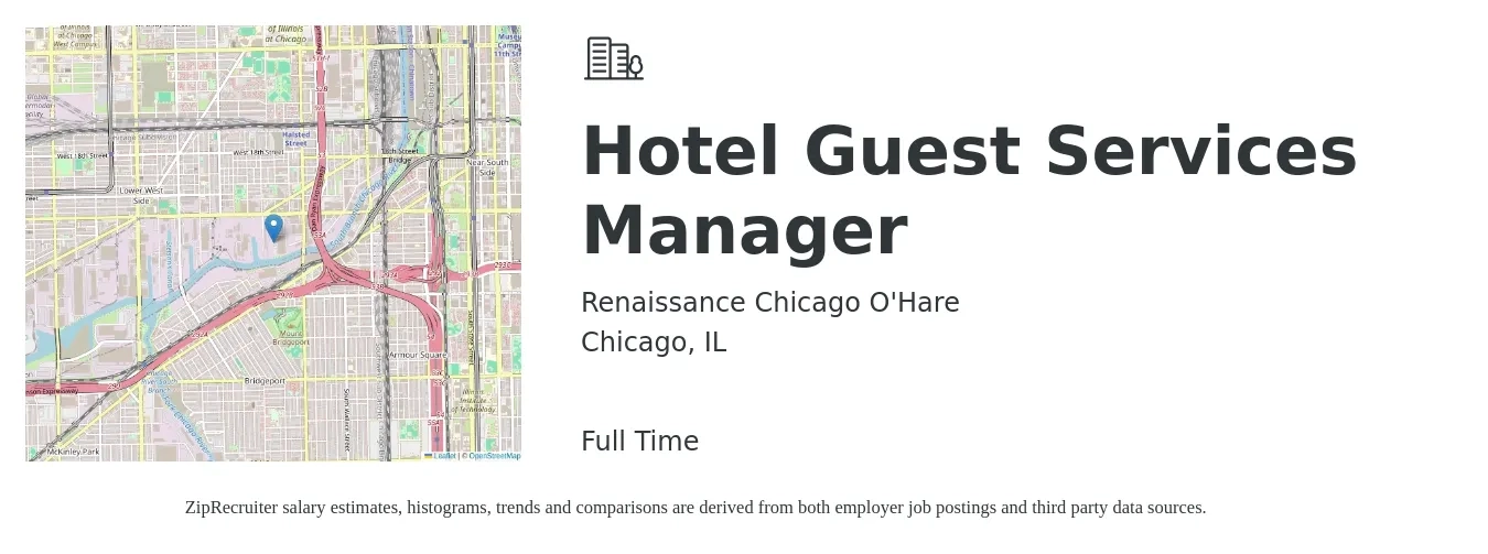 Renaissance Chicago O'Hare job posting for a Hotel Guest Services Manager in Chicago, IL with a salary of $18 to $26 Hourly with a map of Chicago location.