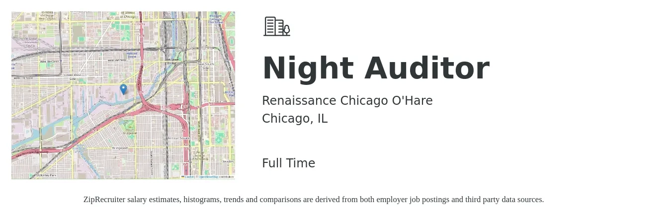 Renaissance Chicago O'Hare job posting for a Night Auditor in Chicago, IL with a salary of $16 to $20 Hourly with a map of Chicago location.