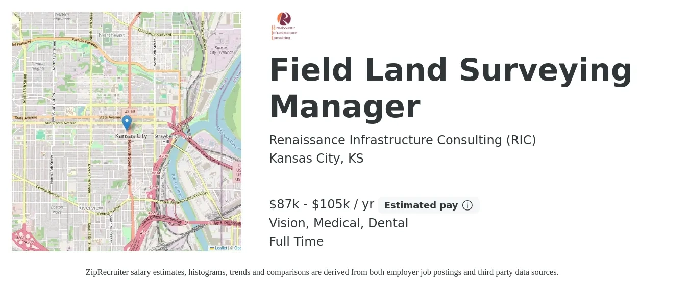 Renaissance Infrastructure Consulting (RIC) job posting for a Field Land Surveying Manager in Kansas City, KS with a salary of $87,500 to $105,000 Yearly and benefits including retirement, vision, dental, life_insurance, medical, and pto with a map of Kansas City location.
