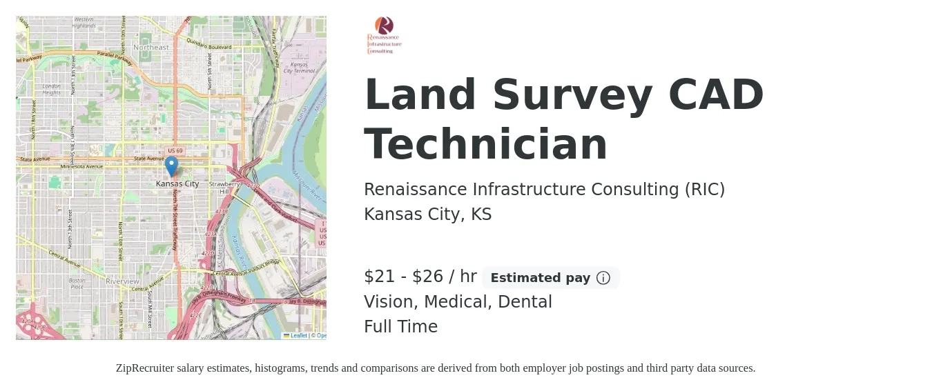 Renaissance Infrastructure Consulting (RIC) job posting for a Land Survey CAD Technician in Kansas City, KS with a salary of $22 to $28 Hourly and benefits including vision, dental, life_insurance, medical, pto, and retirement with a map of Kansas City location.