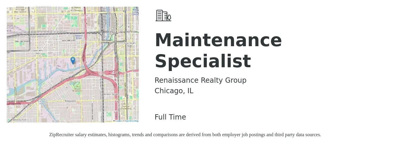 Renaissance Realty Group job posting for a Maintenance Specialist in Chicago, IL with a salary of $23 Hourly and benefits including dental, life_insurance, medical, and vision with a map of Chicago location.