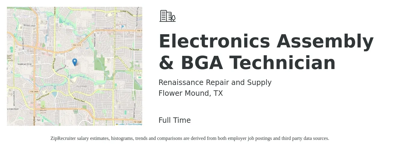 Renaissance Repair and Supply job posting for a Electronics Assembly & BGA Technician in Flower Mound, TX with a salary of $40,000 to $60,800 Yearly with a map of Flower Mound location.