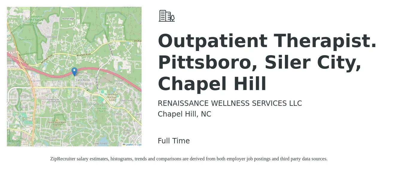 RENAISSANCE WELLNESS SERVICES LLC job posting for a Outpatient Therapist. Pittsboro, Siler City, Chapel Hill in Chapel Hill, NC with a salary of $43,000 to $59,600 Yearly with a map of Chapel Hill location.