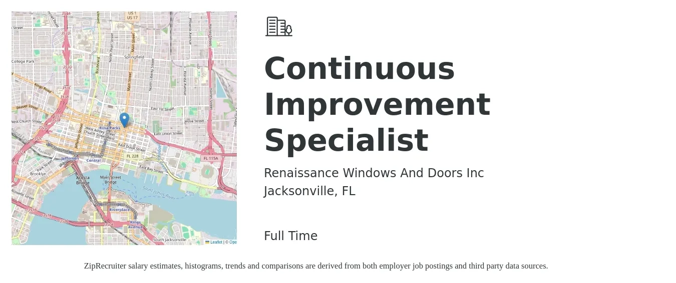 Renaissance Windows And Doors Inc job posting for a Continuous Improvement Specialist in Jacksonville, FL with a salary of $63,500 to $81,200 Yearly with a map of Jacksonville location.