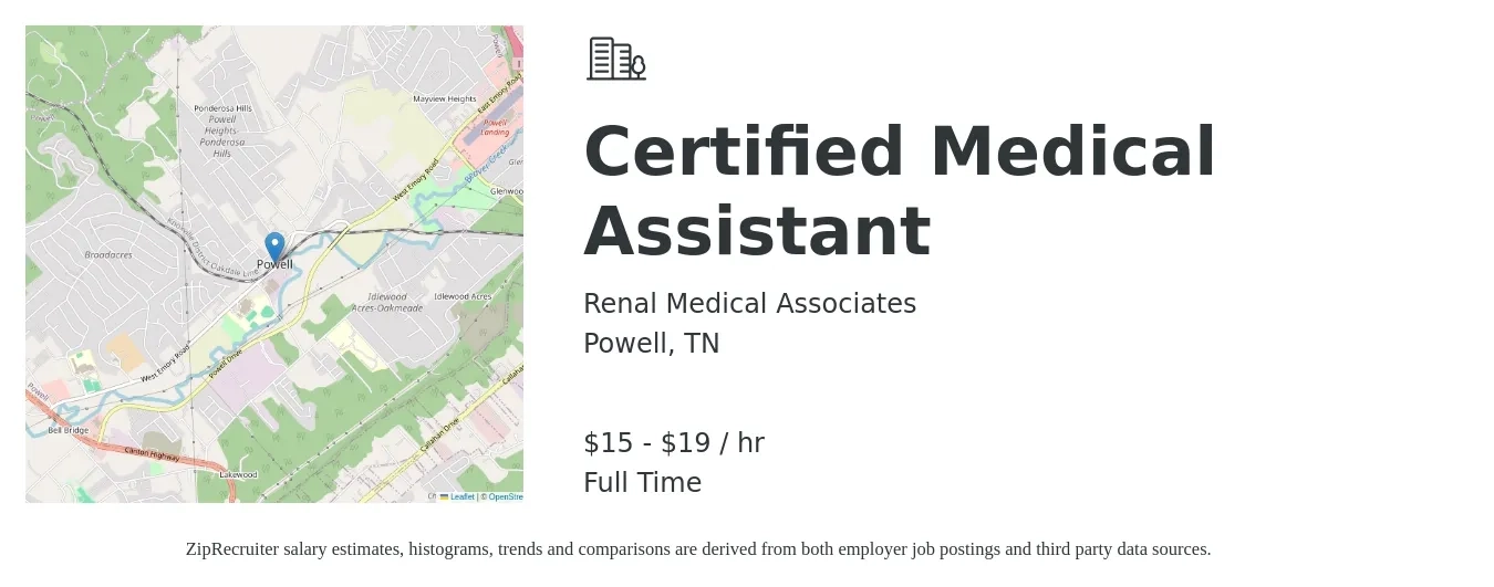 Renal Medical Associates job posting for a Certified Medical Assistant in Powell, TN with a salary of $16 to $20 Hourly with a map of Powell location.