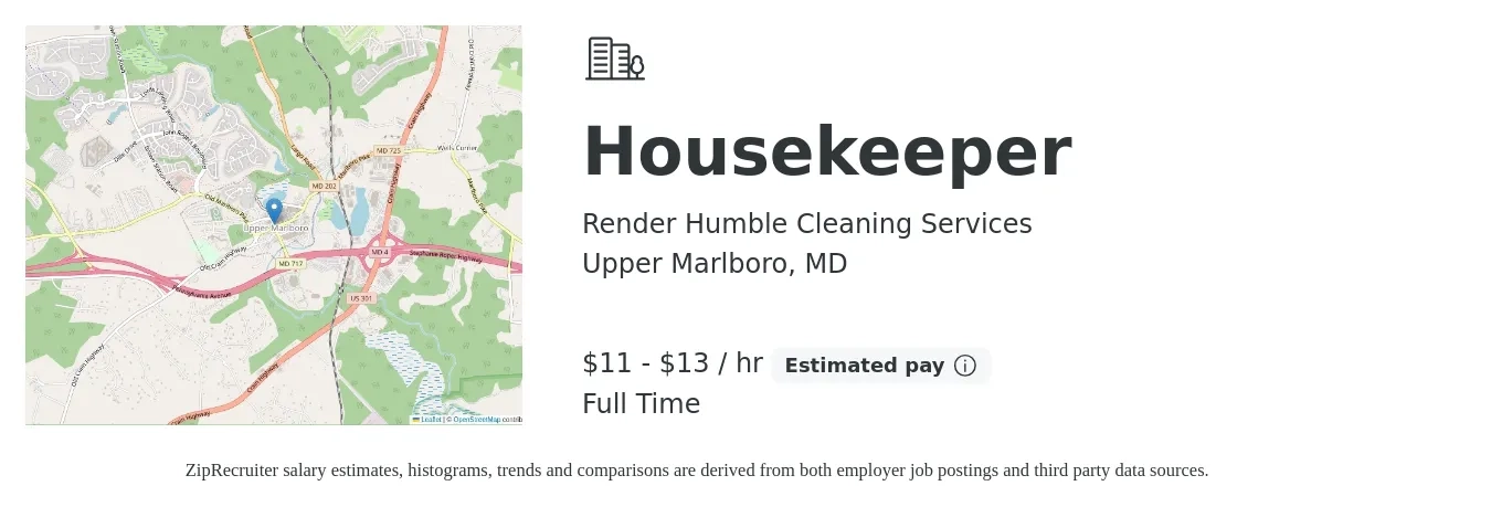 Render Humble Cleaning Services job posting for a Housekeeper in Upper Marlboro, MD with a salary of $12 to $14 Hourly with a map of Upper Marlboro location.