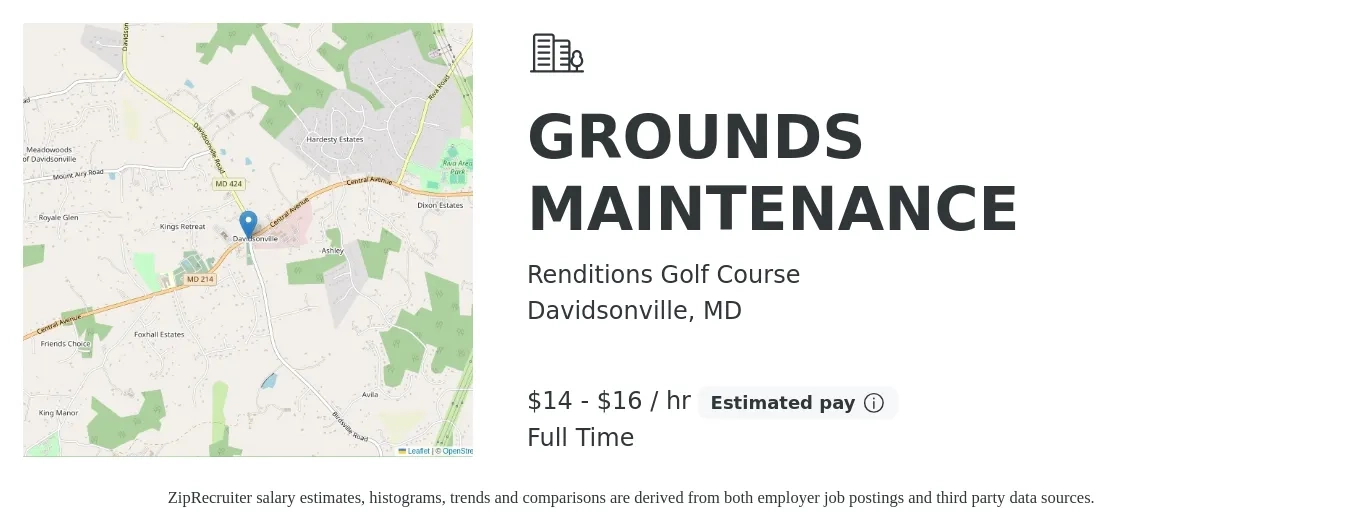 Renditions Golf Course job posting for a GROUNDS MAINTENANCE in Davidsonville, MD with a salary of $15 to $17 Hourly with a map of Davidsonville location.