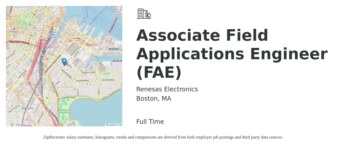Renesas Electronics job posting for a Associate Field Applications Engineer (FAE) in Boston, MA with a salary of $88,500 to $139,600 Yearly with a map of Boston location.