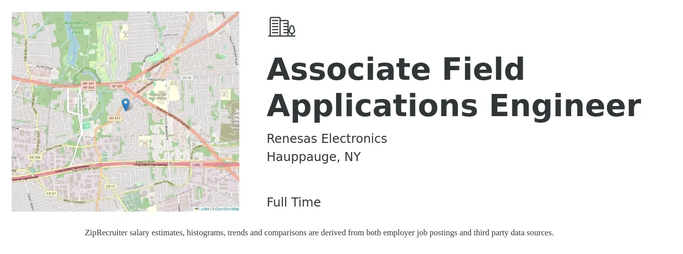 Renesas Electronics job posting for a Associate Field Applications Engineer in Hauppauge, NY with a salary of $26 to $38 Hourly with a map of Hauppauge location.