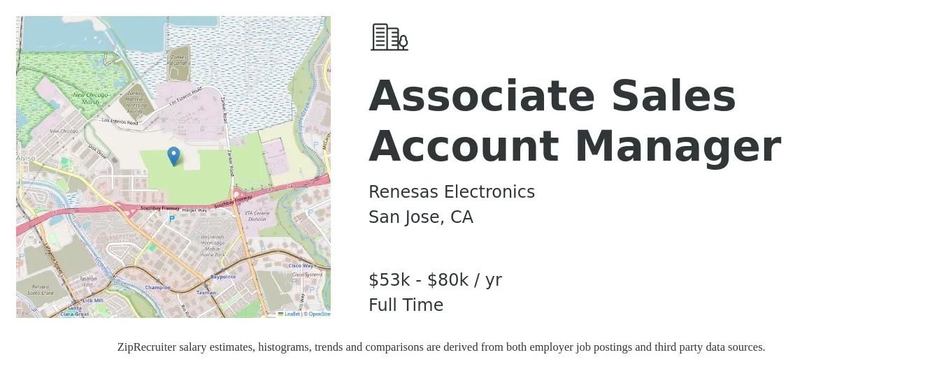 Renesas Electronics job posting for a Associate Sales Account Manager in San Jose, CA with a salary of $53,500 to $80,500 Yearly with a map of San Jose location.