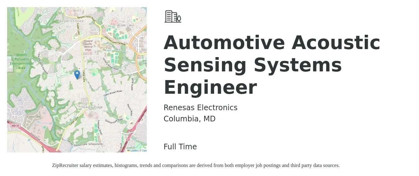 Renesas Electronics job posting for a Automotive Acoustic Sensing Systems Engineer in Columbia, MD with a salary of $165,700 to $251,100 Yearly with a map of Columbia location.