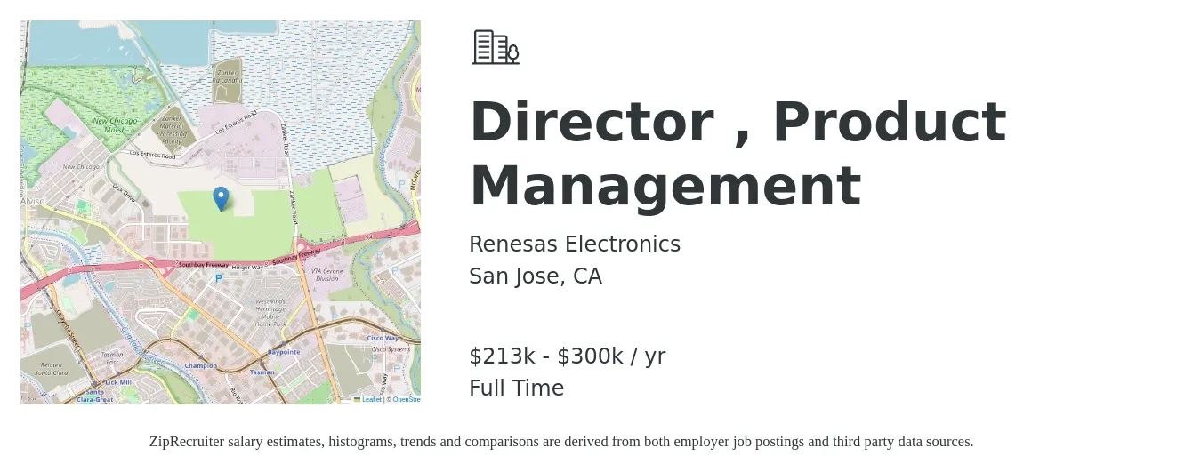 Renesas Electronics job posting for a Director , Product Management in San Jose, CA with a salary of $213,500 to $300,000 Yearly with a map of San Jose location.