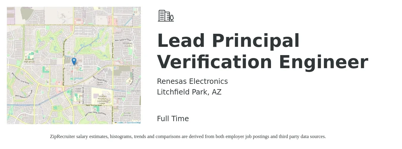 Renesas Electronics job posting for a Lead Principal Verification Engineer in Litchfield Park, AZ with a salary of $101,600 to $133,800 Yearly with a map of Litchfield Park location.