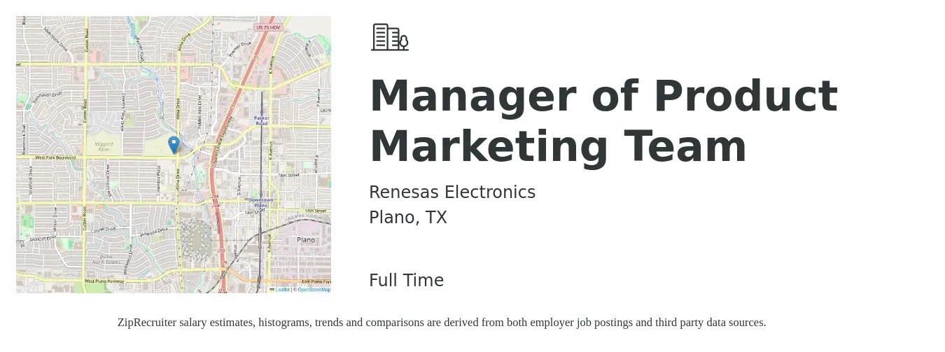 Renesas Electronics job posting for a Manager of Product Marketing Team in Plano, TX with a salary of $147,400 Yearly with a map of Plano location.