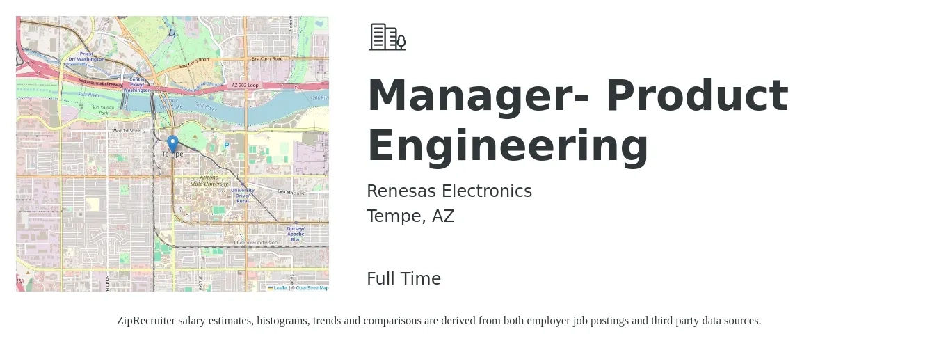 Renesas Electronics job posting for a Manager- Product Engineering in Tempe, AZ with a salary of $159,900 to $165,700 Yearly with a map of Tempe location.