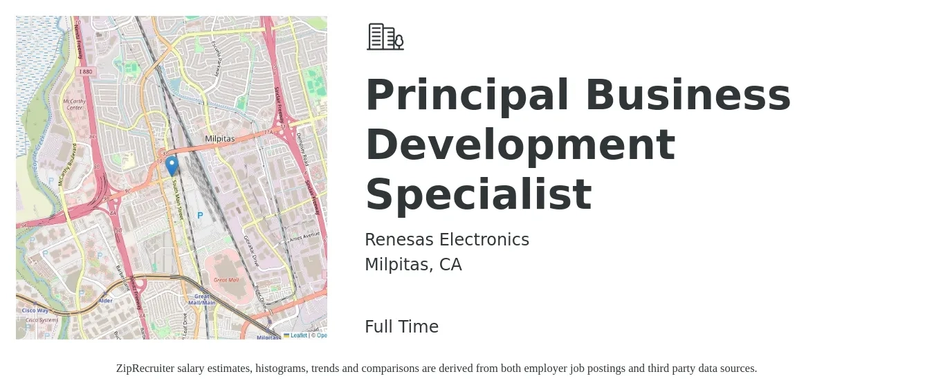Renesas Electronics job posting for a Principal Business Development Specialist in Milpitas, CA with a salary of $54,800 to $91,500 Yearly with a map of Milpitas location.
