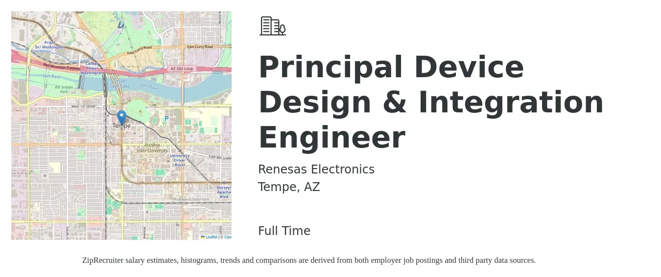 Renesas Electronics job posting for a Principal Device Design & Integration Engineer in Tempe, AZ with a salary of $113,500 to $165,700 Yearly with a map of Tempe location.