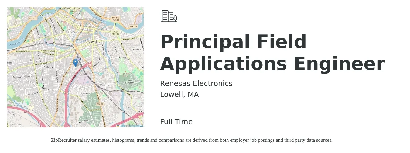 Renesas Electronics job posting for a Principal Field Applications Engineer in Lowell, MA with a salary of $80,800 to $127,400 Yearly with a map of Lowell location.