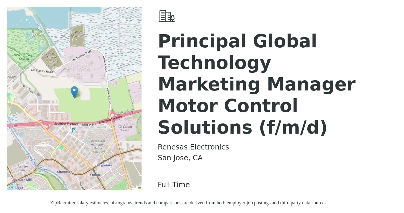 Renesas Electronics job posting for a Principal Global Technology Marketing Manager Motor Control Solutions (f/m/d) in San Jose, CA with a salary of $136,000 to $205,700 Yearly with a map of San Jose location.