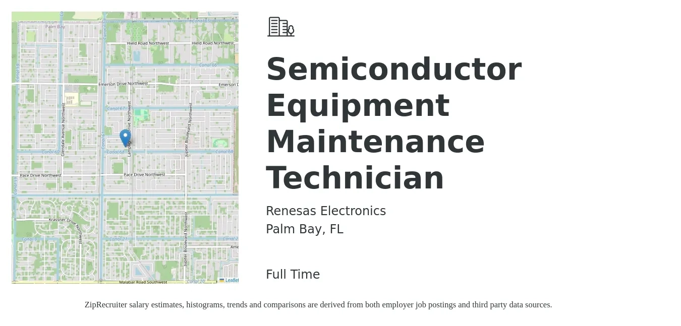 Renesas Electronics job posting for a Semiconductor Equipment Maintenance Technician in Palm Bay, FL with a salary of $19 to $26 Hourly with a map of Palm Bay location.