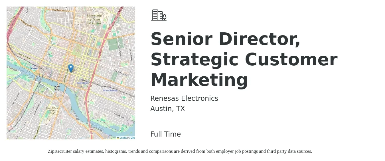 Renesas Electronics job posting for a Senior Director, Strategic Customer Marketing in Austin, TX with a salary of $102,600 to $157,100 Yearly with a map of Austin location.