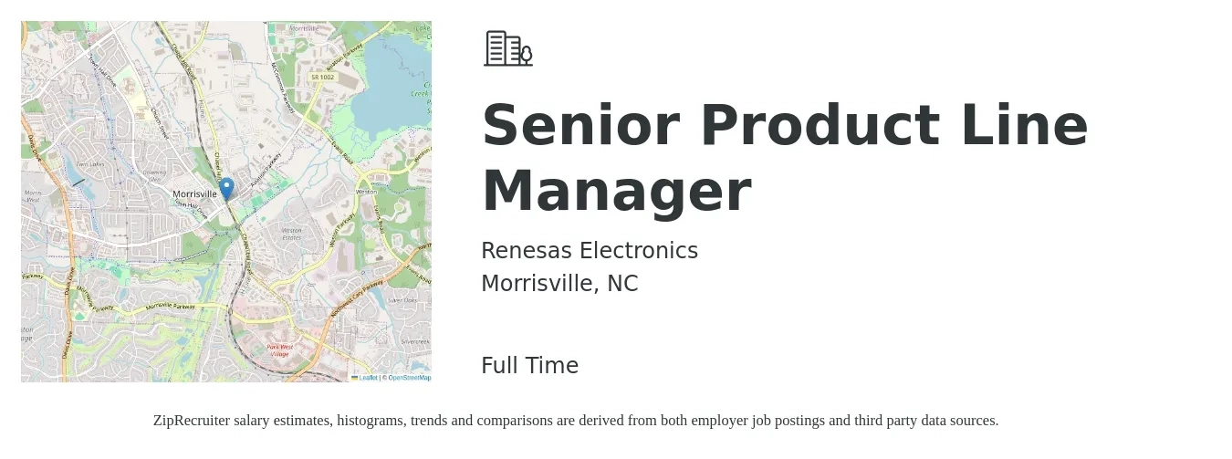 Renesas Electronics job posting for a Senior Product Line Manager in Morrisville, NC with a salary of $118,300 to $156,200 Yearly with a map of Morrisville location.