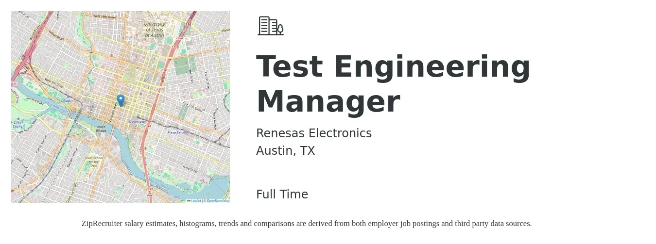 Renesas Electronics job posting for a Test Engineering Manager in Austin, TX with a salary of $99,100 to $127,400 Yearly with a map of Austin location.
