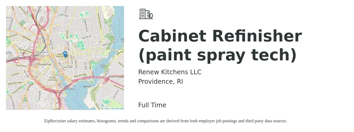 Renew Kitchens LLC job posting for a Cabinet Refinisher (paint spray tech) in Providence, RI with a salary of $800 to $4,000 Weekly with a map of Providence location.